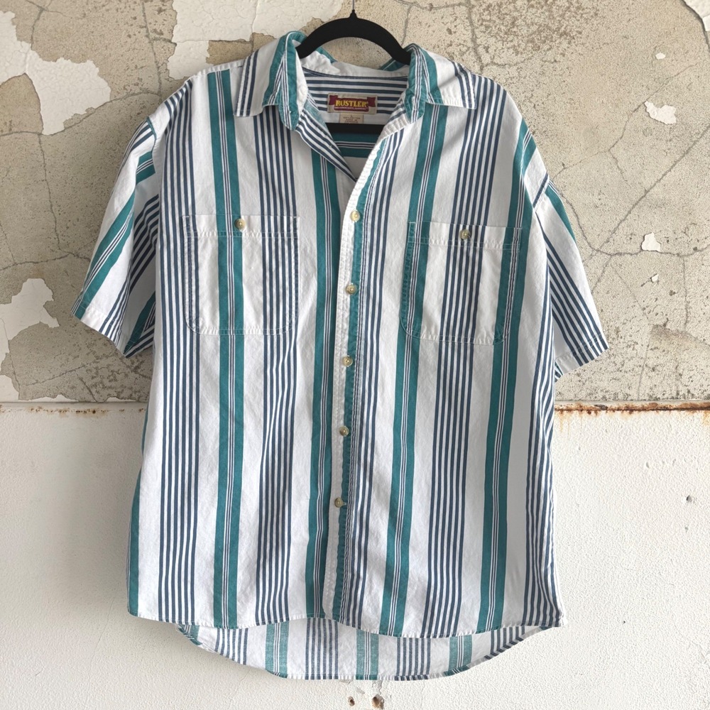 Vtg‎ 90s Striped Shirt Retro Dadcore Short Sleeve Cotton Mens L Coastal Preppy